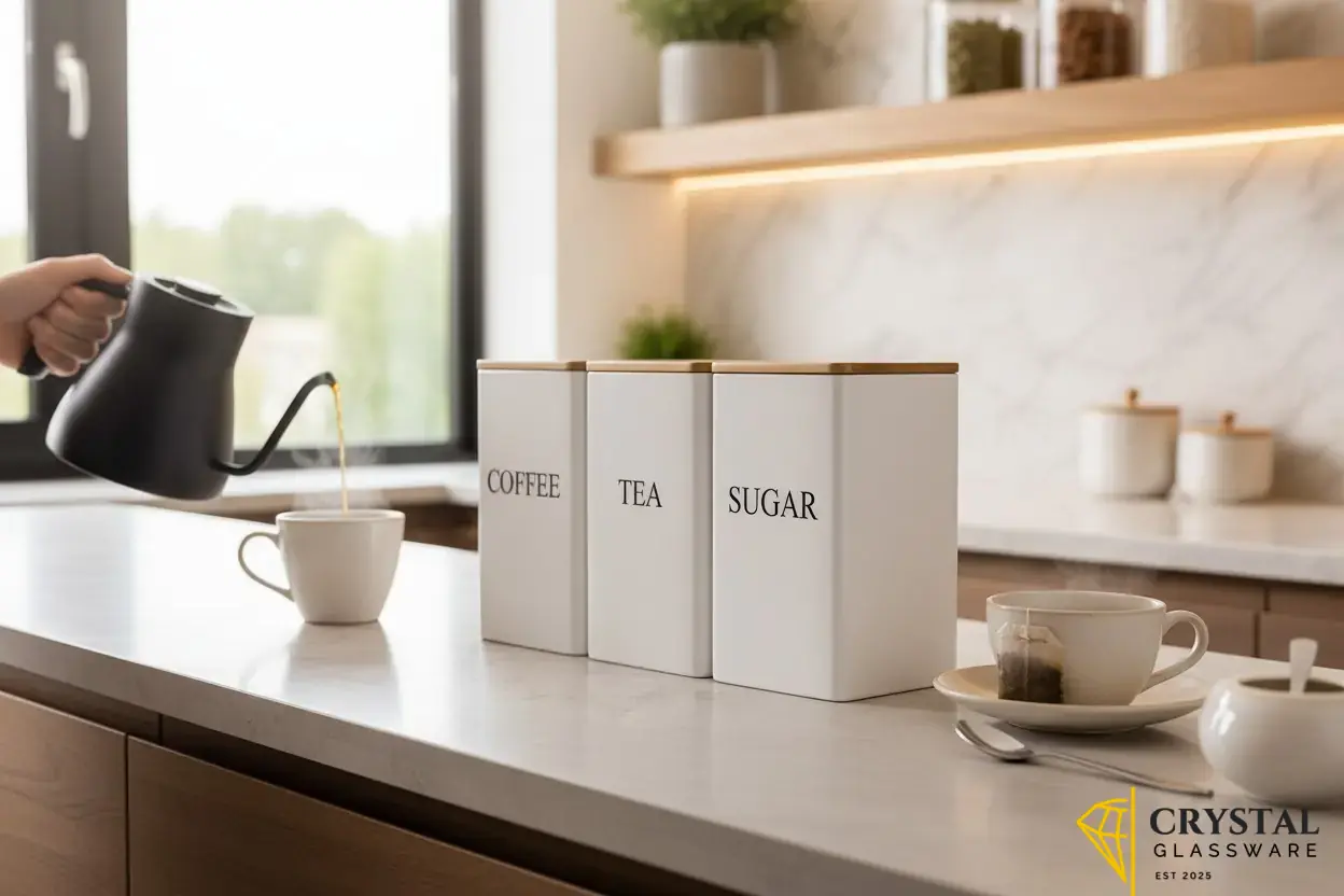 Shoxil white canisters are made of powder-coated steel with airtight bamboo lids